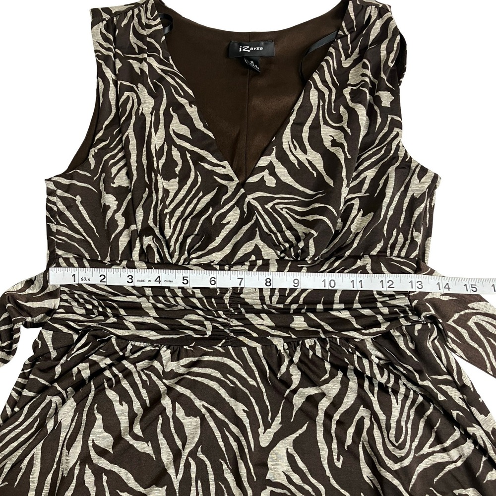 Y2K IZ Byer Zebra Dress Medium Brown Ruched Babydoll Empire Tie Waist Sleeveless - Picture 12 of 14